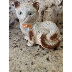 Vintage kitty cat blue eyes bow tie ceramic pottery figurine made in Brazil